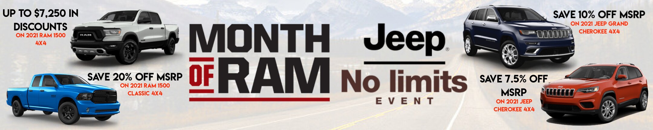 Save 20% off MSRP on 2021 Ram 1500 Classic 4x4 during Month of Ram and Save 7.5% off 2021 Jeep Cherokee 4x4 during Jeep No Limits Event on now at Vance Motors Bancroft, Ontario.png