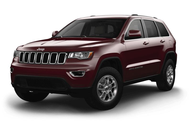 Vue 3/4 avant d'un Jeep Grand Cherokee Laredo 2022 nacrée rouge velours