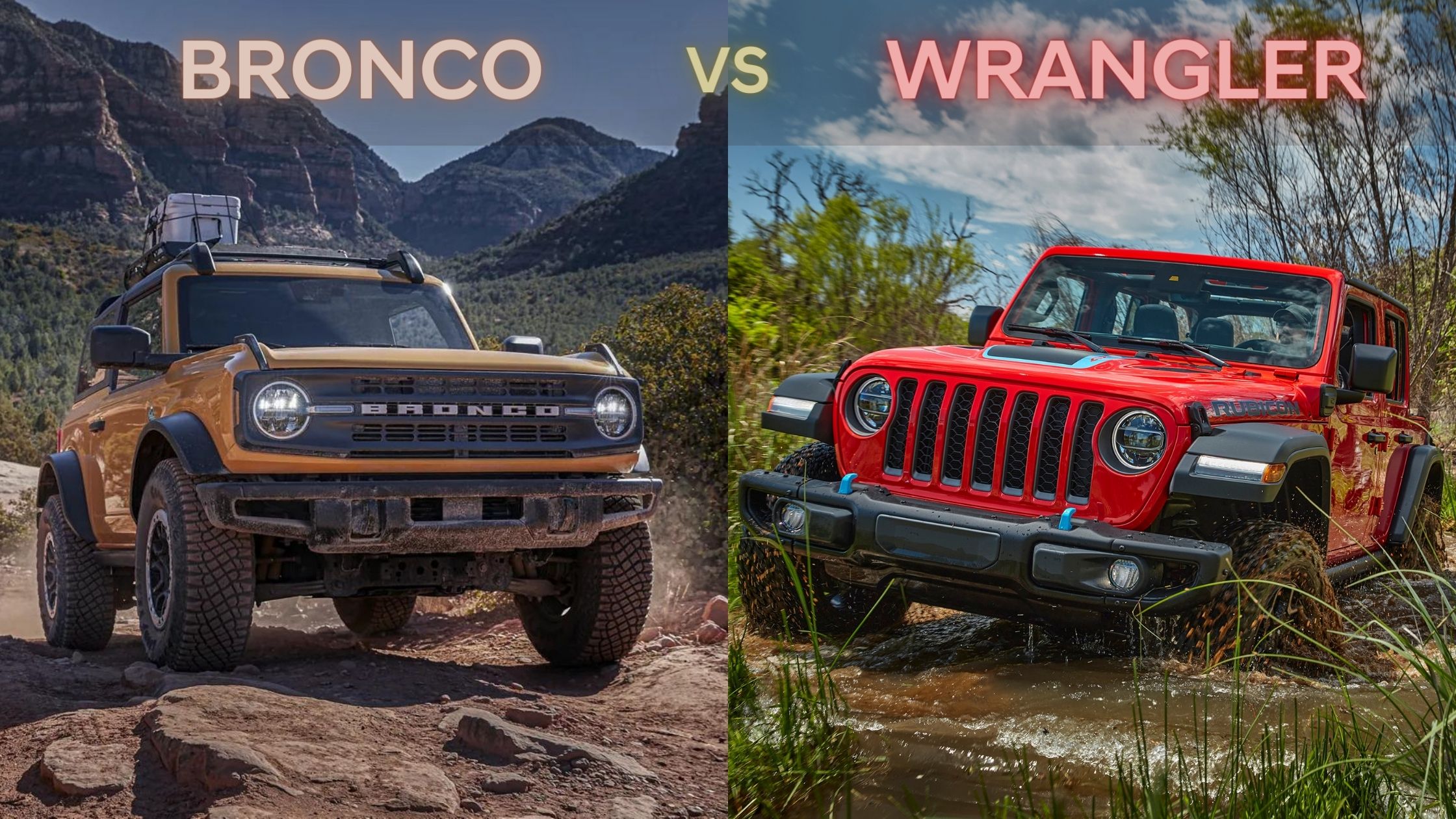 Un Ford Bronco face à un Jeep Wrangler Rubicon 2021 rouge en nature