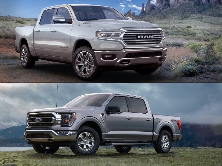 Granby Chrysler - Ford F-150 2021 vs RAM 1500 2021 1.0.jpg comparaison côte-à-côte du RAM 1500 2021 vs Ford F-150 2021, les 2 camionnettes de couleur grise