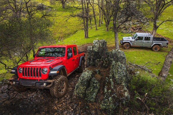 Two 2020 Jeep Gladiator's Driving Uphill In A Forest Two 2020 Jeep Gladiator's Driving Uphill In A Forest