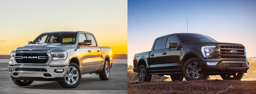 Comparatif entre le RAM 1500 Big Horn 2021 (gauche) et le F-150 Lariat 2021 (droite)
