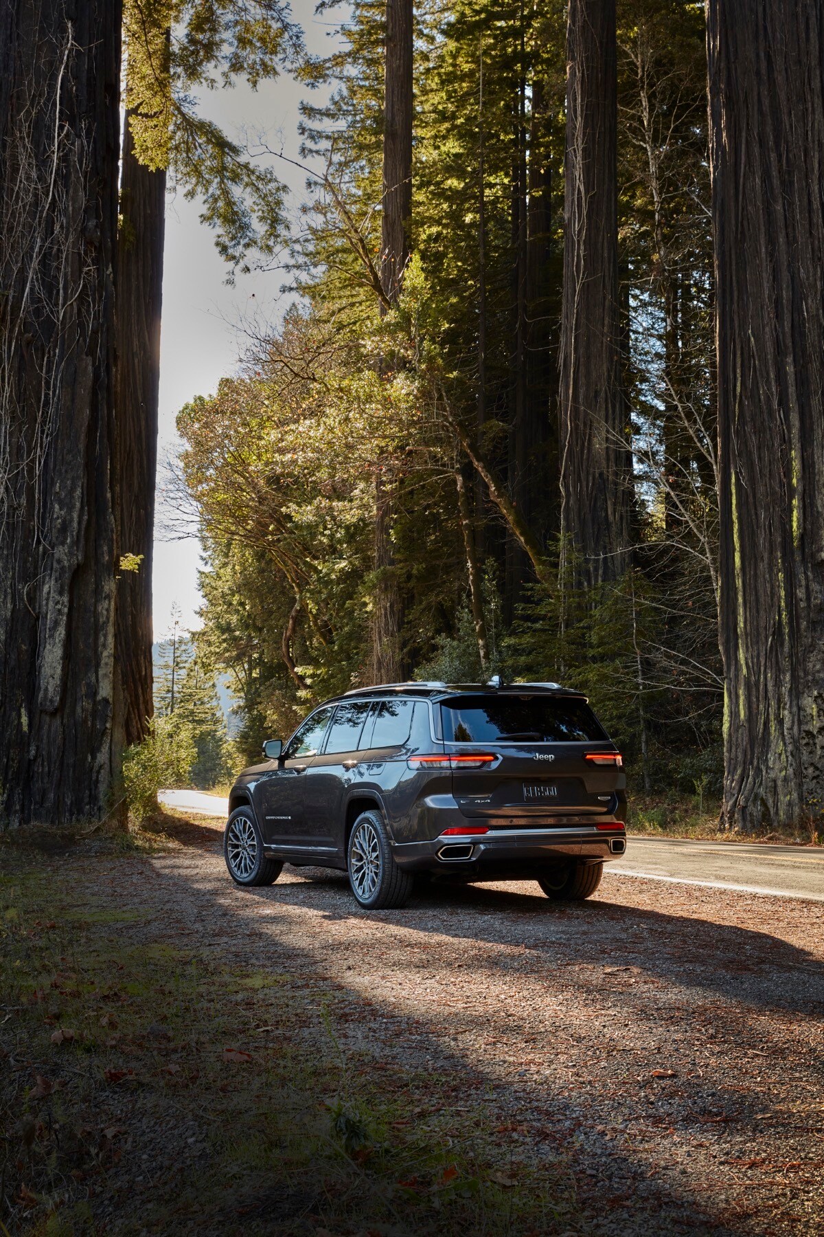 Vue 3/4 arrière du Jeep Grand Cherokee L Summit Reserve 2021 garé dans un forêt
