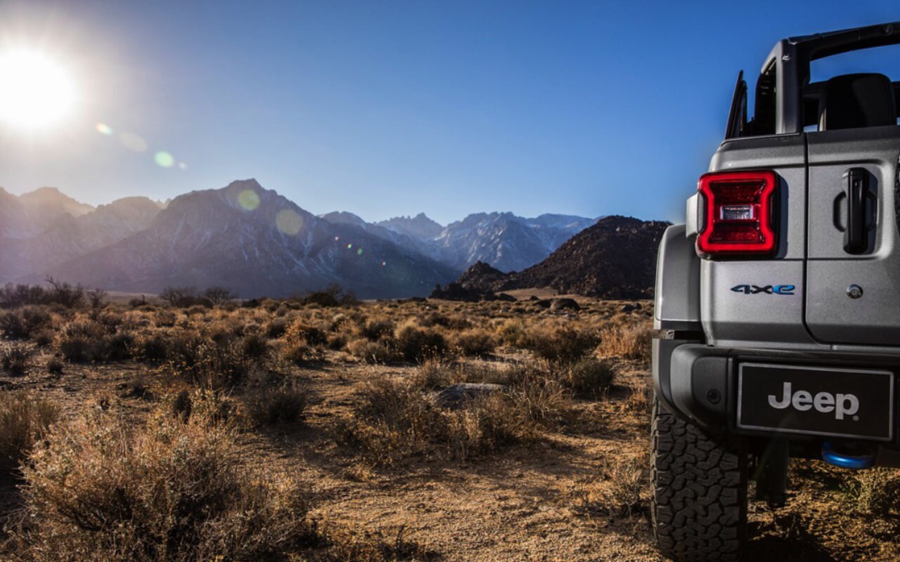 vue arrière d'une moitié d'un Jeep Wrangler 4xe 2023 dans la nature