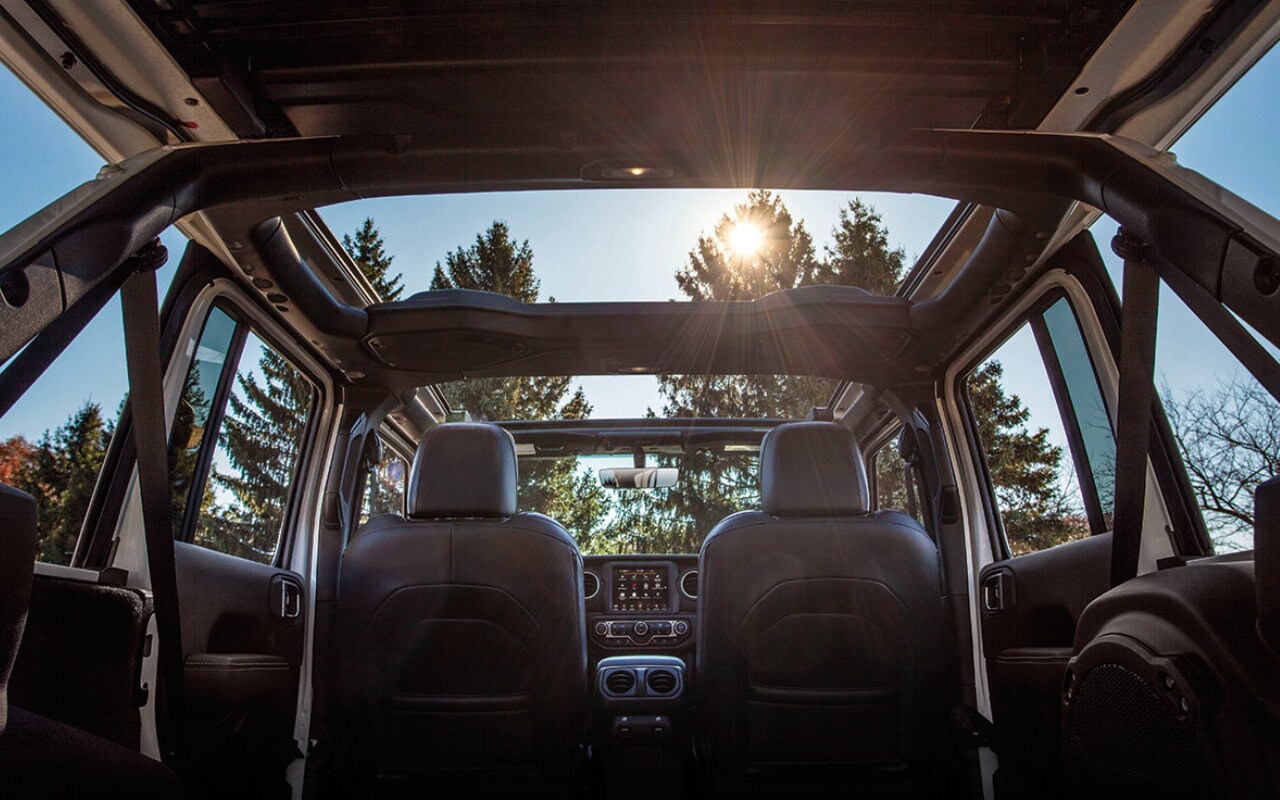 vue arrière de l'habitacle d'un Jeep Wrangler 2023 en forêt en mi-journée