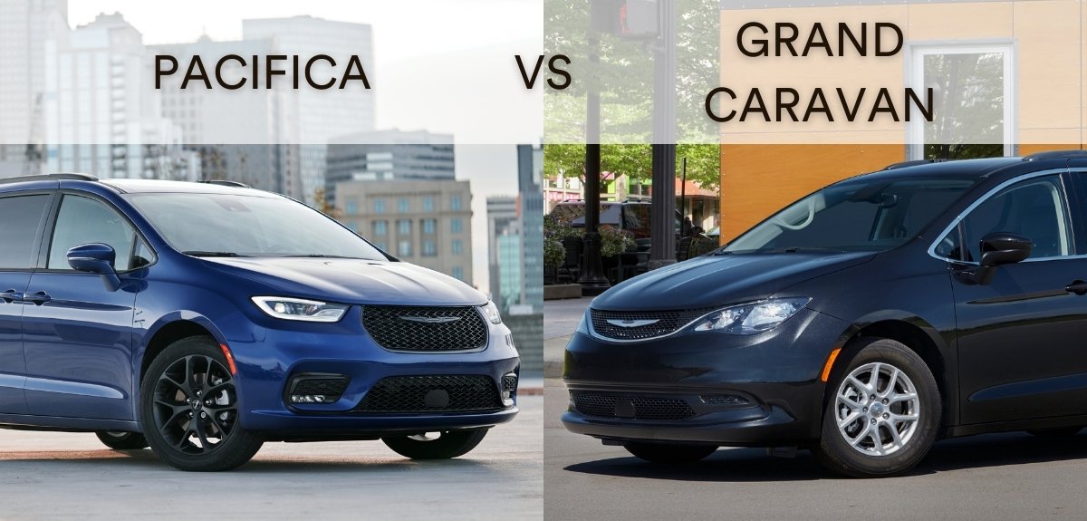 Front 3/4 view of the 2021 Chrysler Pacifica facing the 2021 Grand Caravan