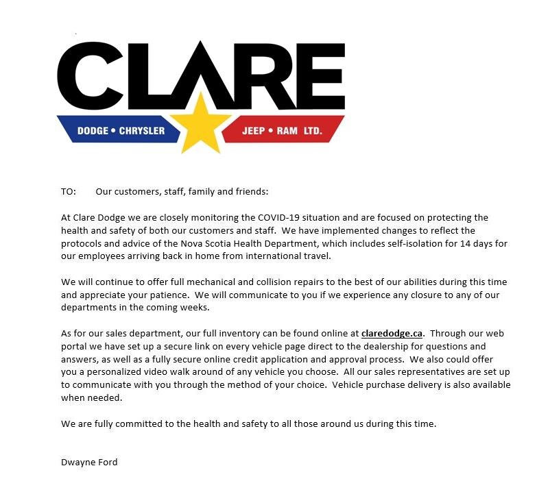 Covid 19 Update from Clare Dodge