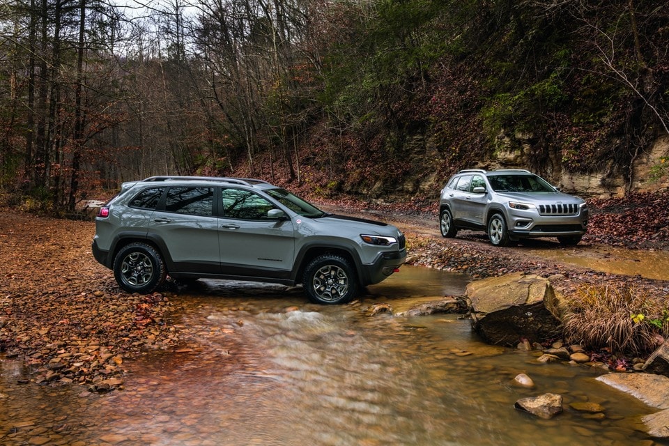 Two 2021 Silver Jeep Cherokee in Forest parked along stream Two 2021 Silver Jeep Cherokee in Forest parked along stream