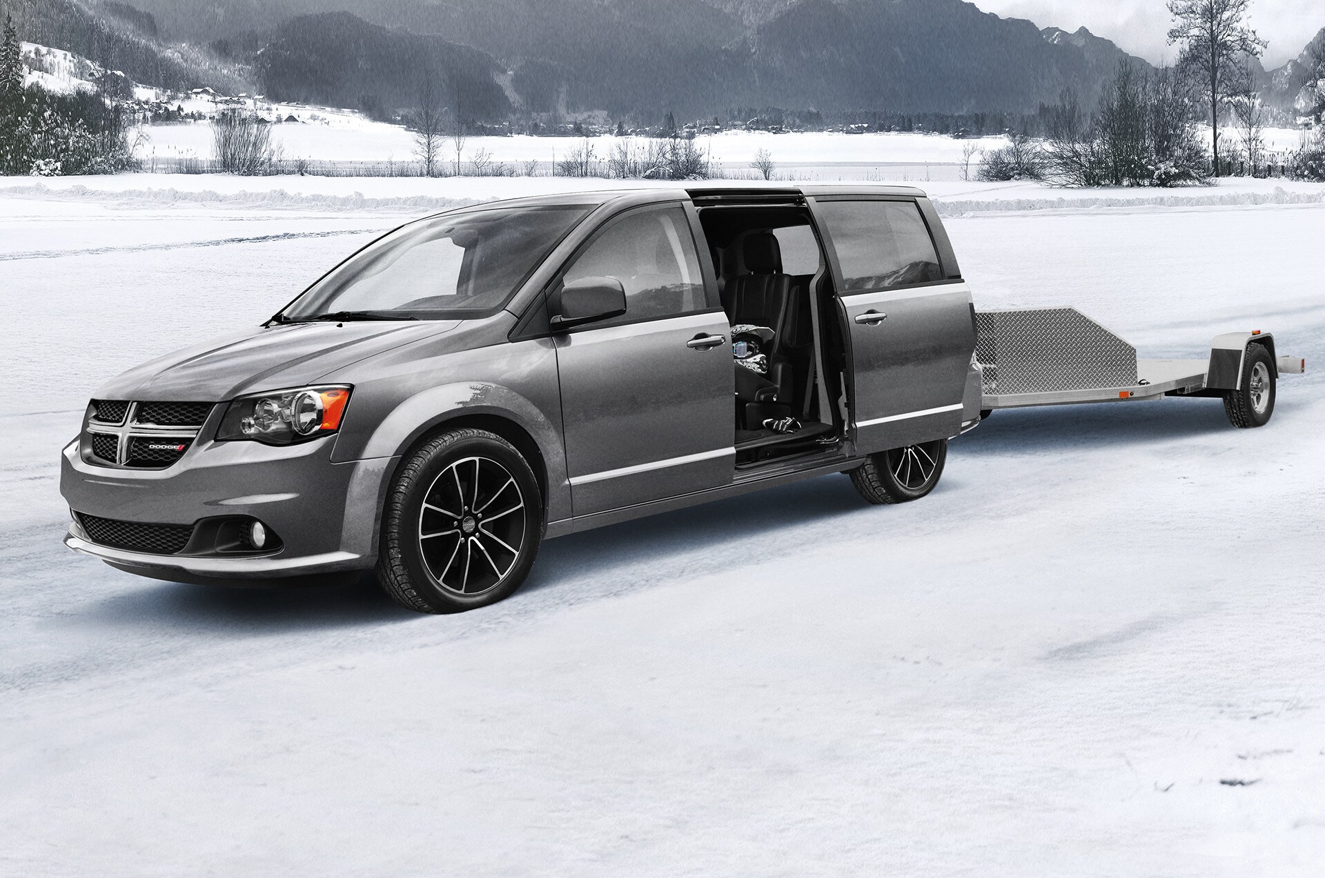 2020 Dodge Grand Caravan parked snowy field with trailer 2020 Dodge Grand Caravan parked snowy field with trailer