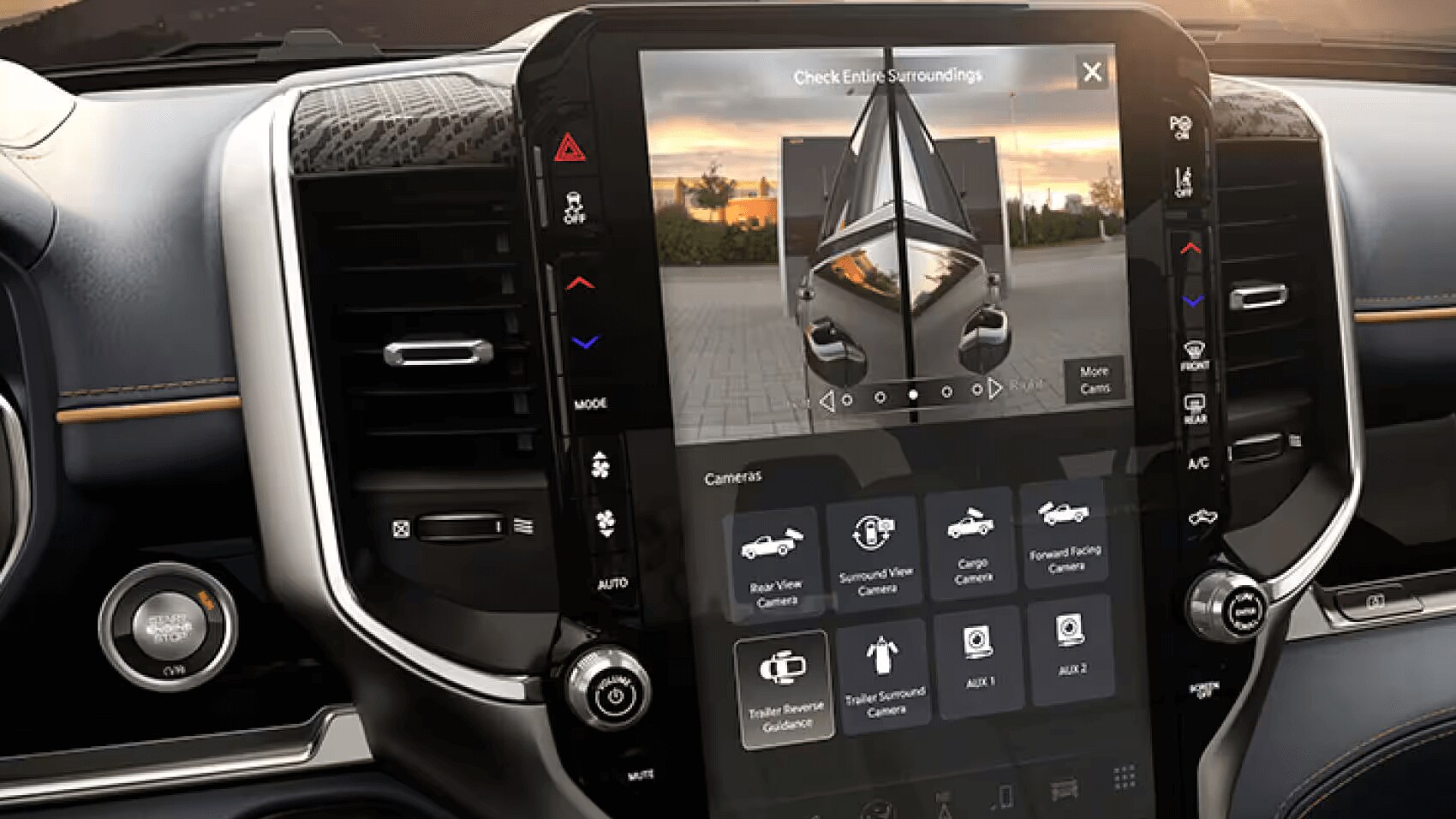 Learn about the specs & features of the 2025 Ram 1500 Interior shot of Trailer Reverse Guidance with Dynamic Gridlines technology feature
