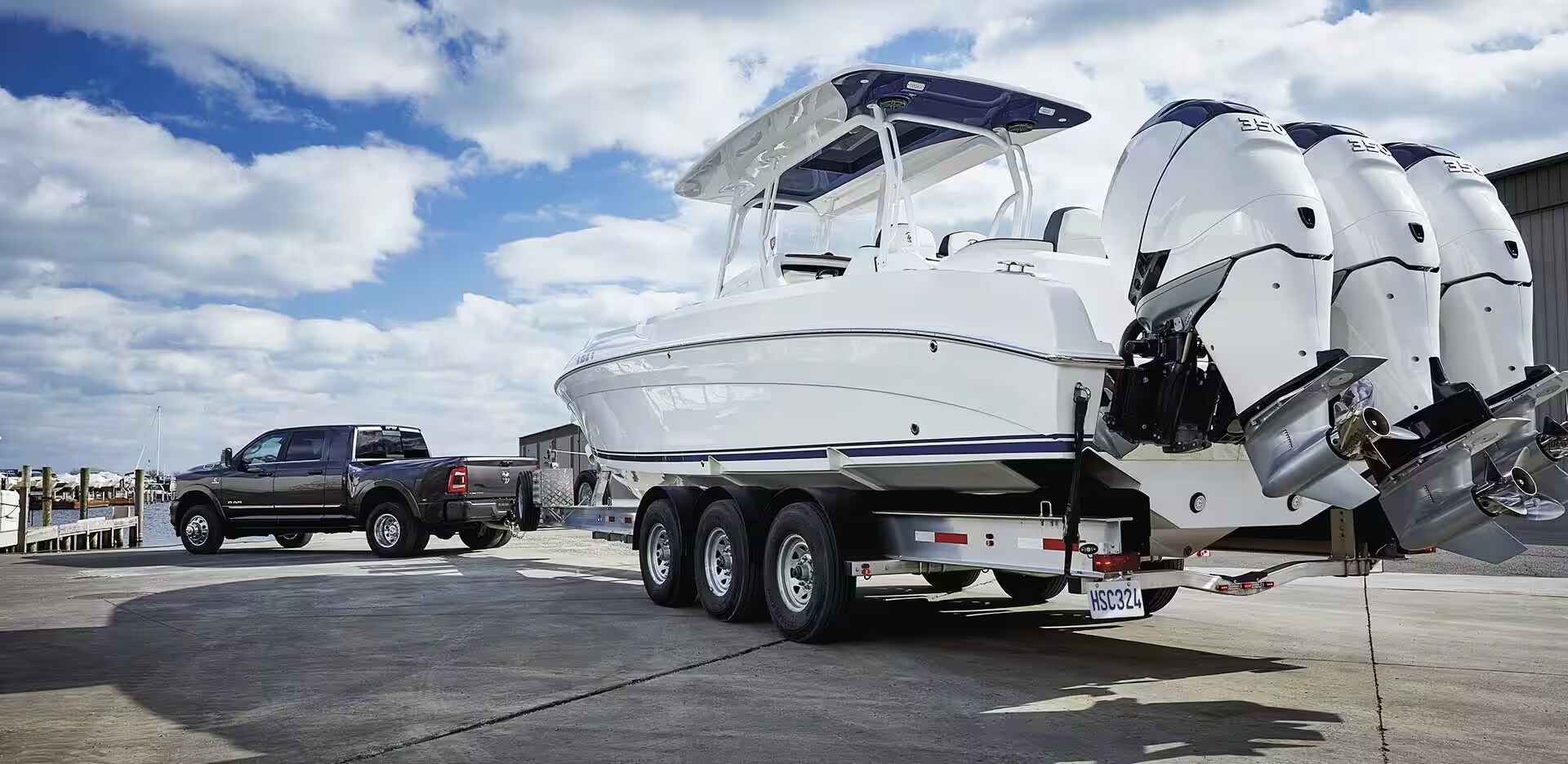 A Ram 3500 Dually towing a boat