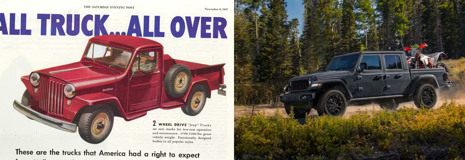 An image showing a Jeep ad from the 1950s next to an image of the modern Jeep Gladiator