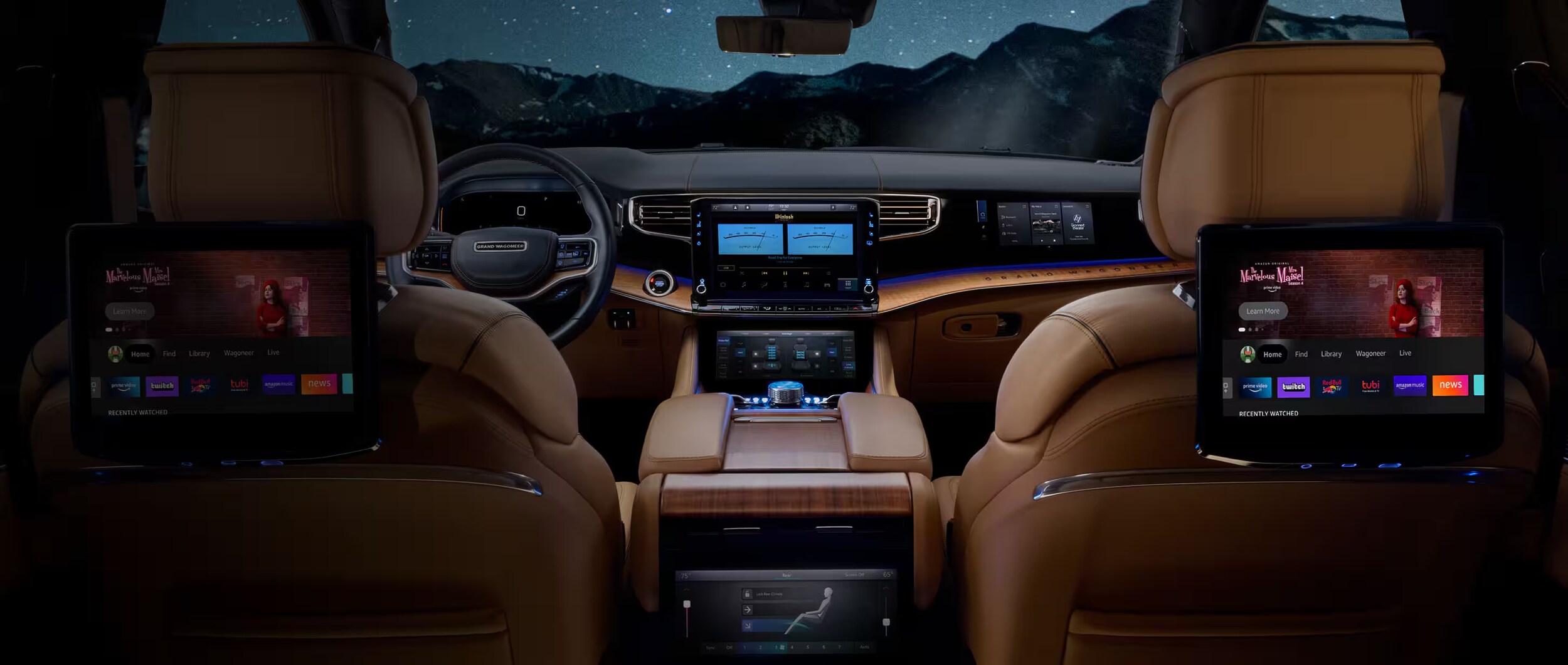 Uconnect keeps you connected no matter where you go an image of the interior of a Uconnect enabled vehicle at night