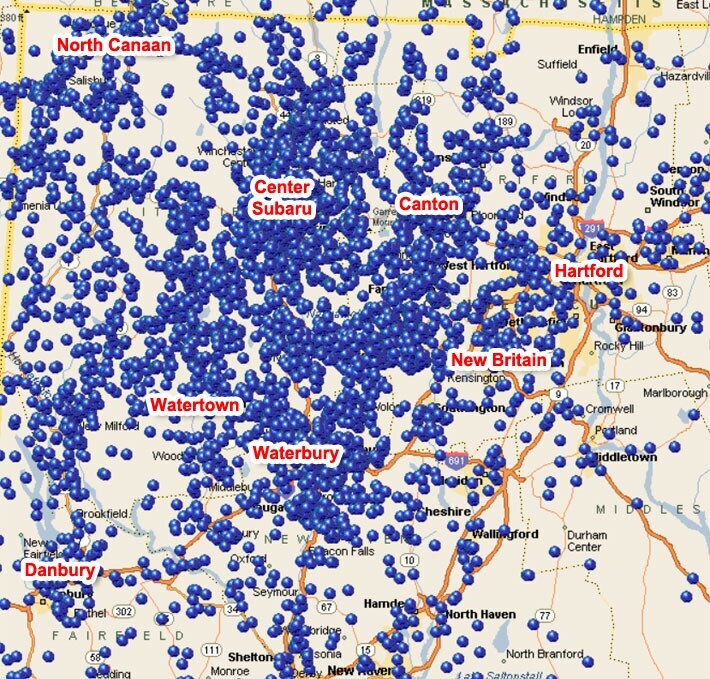 Center Subaru Customer Map. Where do you live.