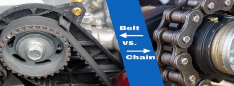 timing-belt-vs-chain.jpg Close-up image showing a rubber timing belt next to a metal timing chain, labeled for comparison.
