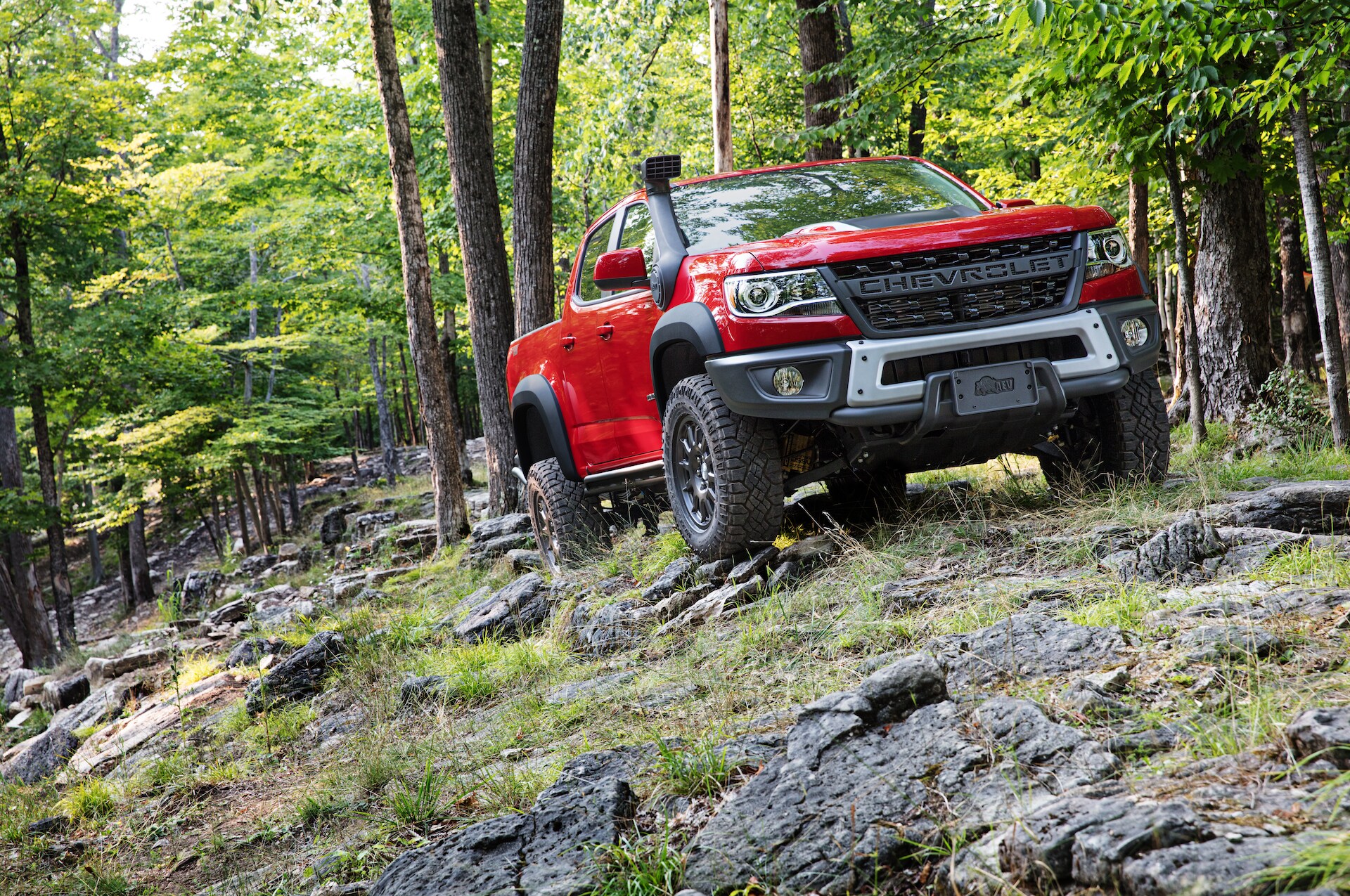 Chevrolet of New Bern is a Car Dealership in New Bern near Grantsboro NC | Red 2020 Chevrolet Colorado driving off road in the woods