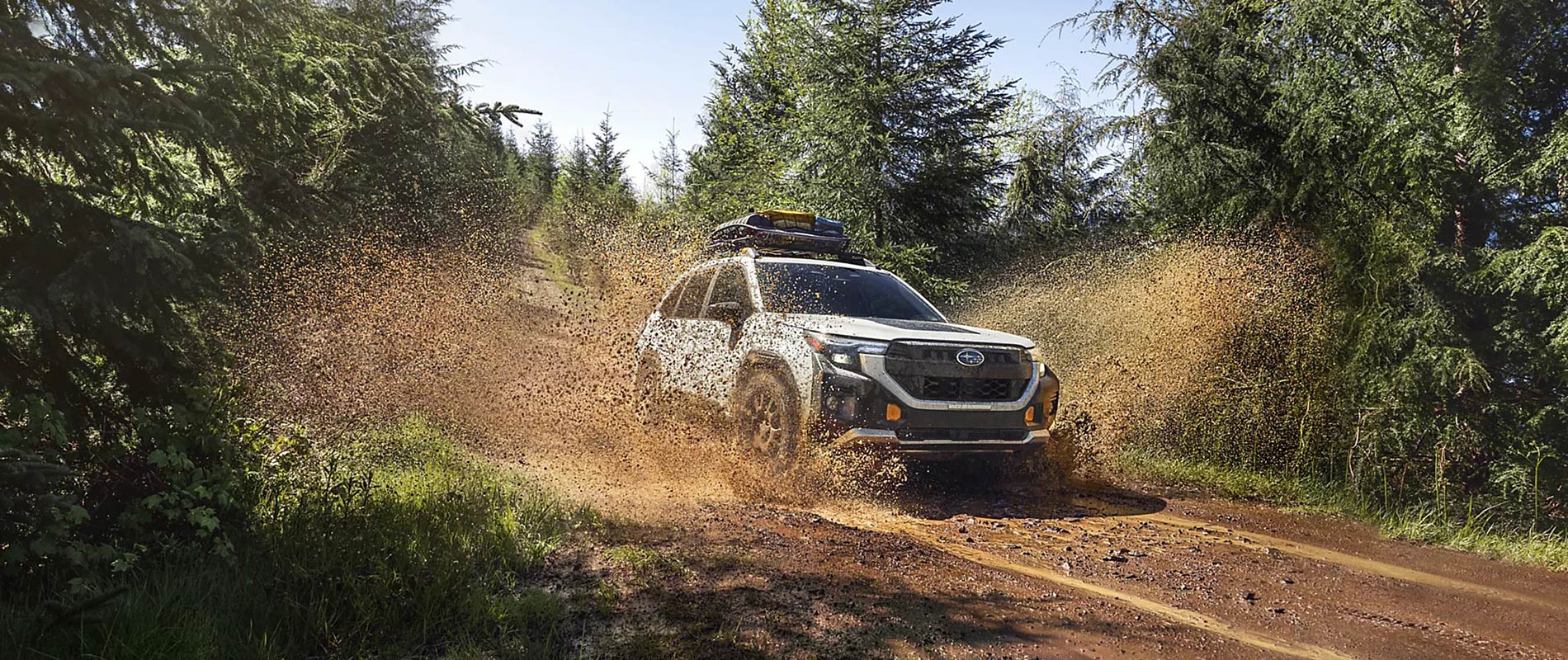 2025 Subaru Forester Trim Comparison Subaru Forester driving on a muddy road in the woods