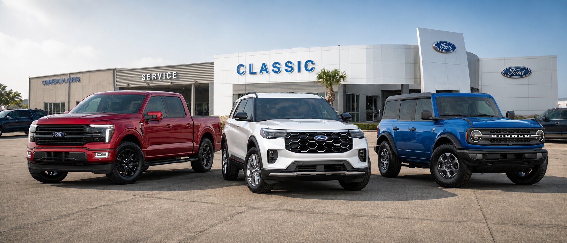 Classic Ford Galveston en español con Ford F-150, Ford Escape y Ford Bronco frente a la concesionaria