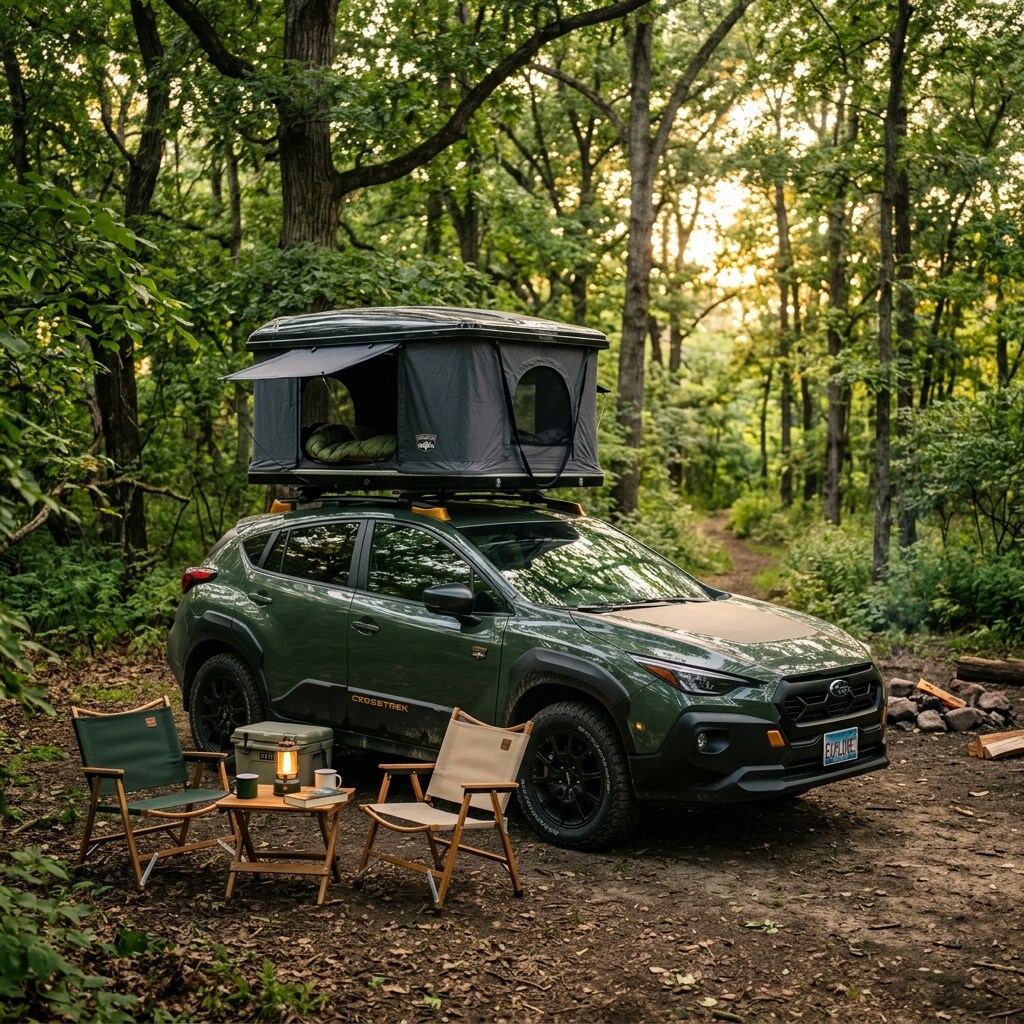 Green Subaru Crosstrek Wilderness set up for camping in a wooded area
