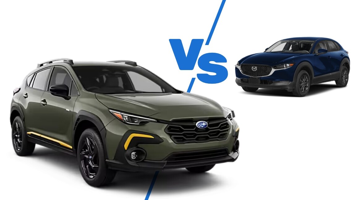 Green Subaru Crosstrek and blue Mazda CX-30 shown side by side for comparison