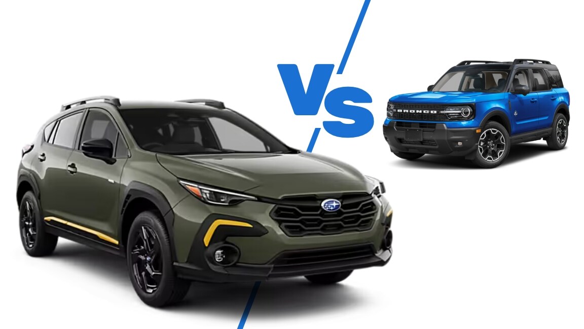 Green Subaru Crosstrek and blue Ford Bronco Sport shown side by side for comparison