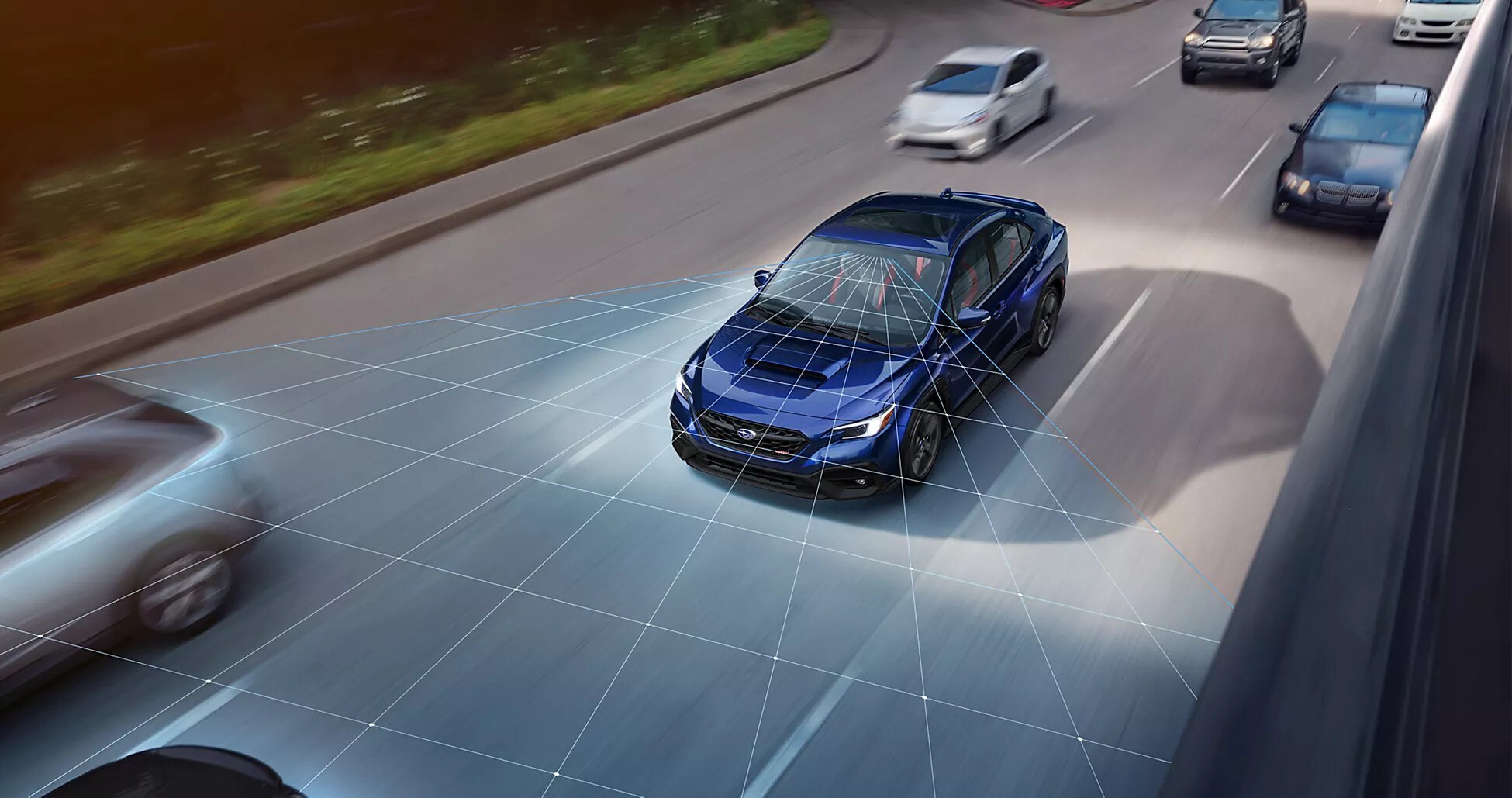 Subaru vehicle on a multilane road with driver-assist sensor visualization