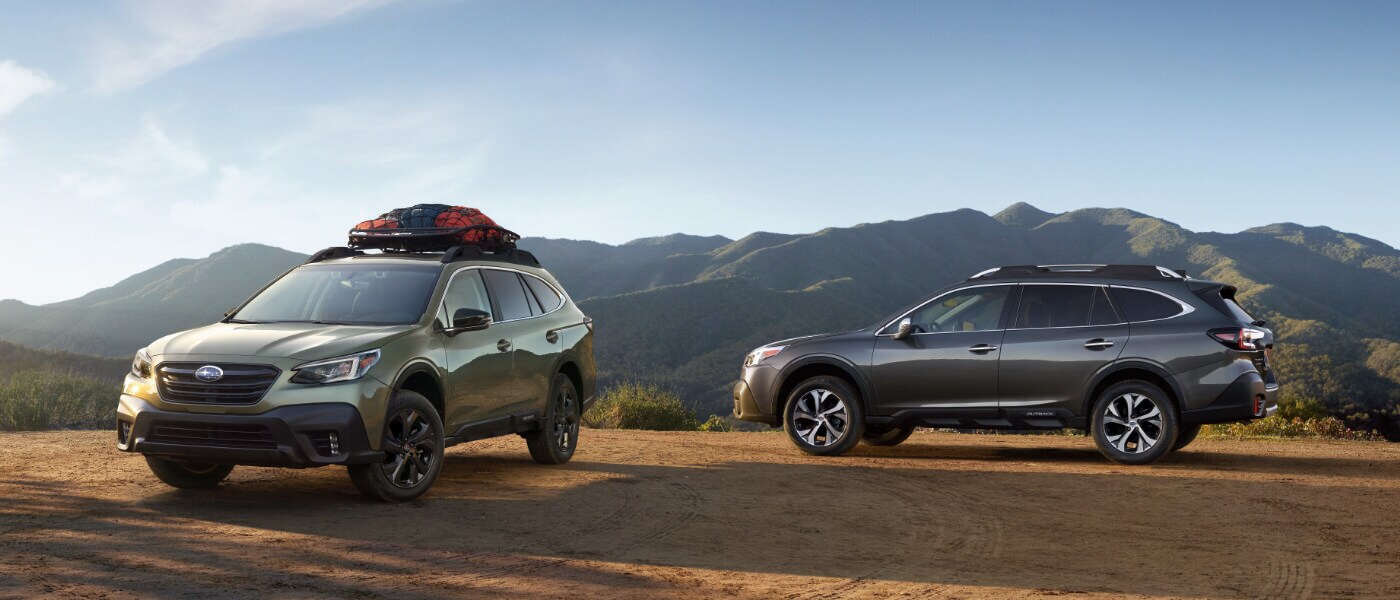 2021 Silver and Green Subaru Outback Parked on a Mountain