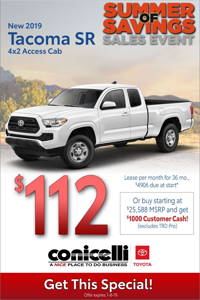 $112/mo. leases a New 2019 Toyota Tacoma SR 4x2 Access Cab at Conicelli Toyota - Click for details...