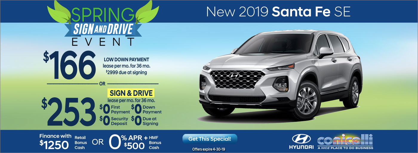 $166/mo. or $253/mo. leases a New 2019 Hyundai Santa Fe SE at Conicelli Hyundai in Conshohocken! Click or call 1-888-Conicelli...