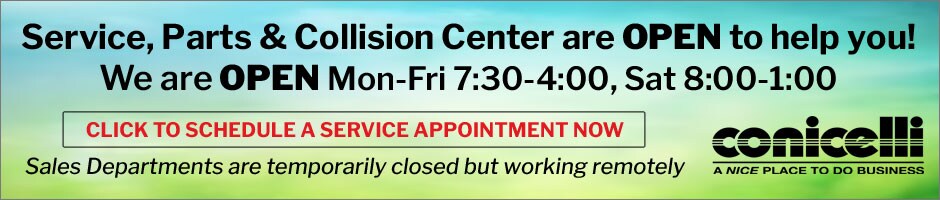 Service, Parts & Collision Center are OPEN to help you! We are OPEN Mon-Fri 7:30-4:00, Sat 8:00-1:00. Click to schedule a service appointment now...
