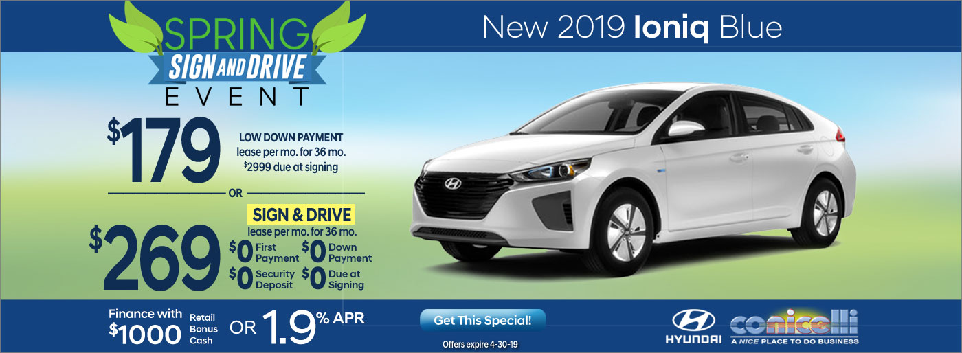 $179/mo. or $269/mo. leases a New 2019 Hyundai Ioniq Blue at Conicelli Hyundai in Conshohocken! Click or call 1-888-Conicelli...