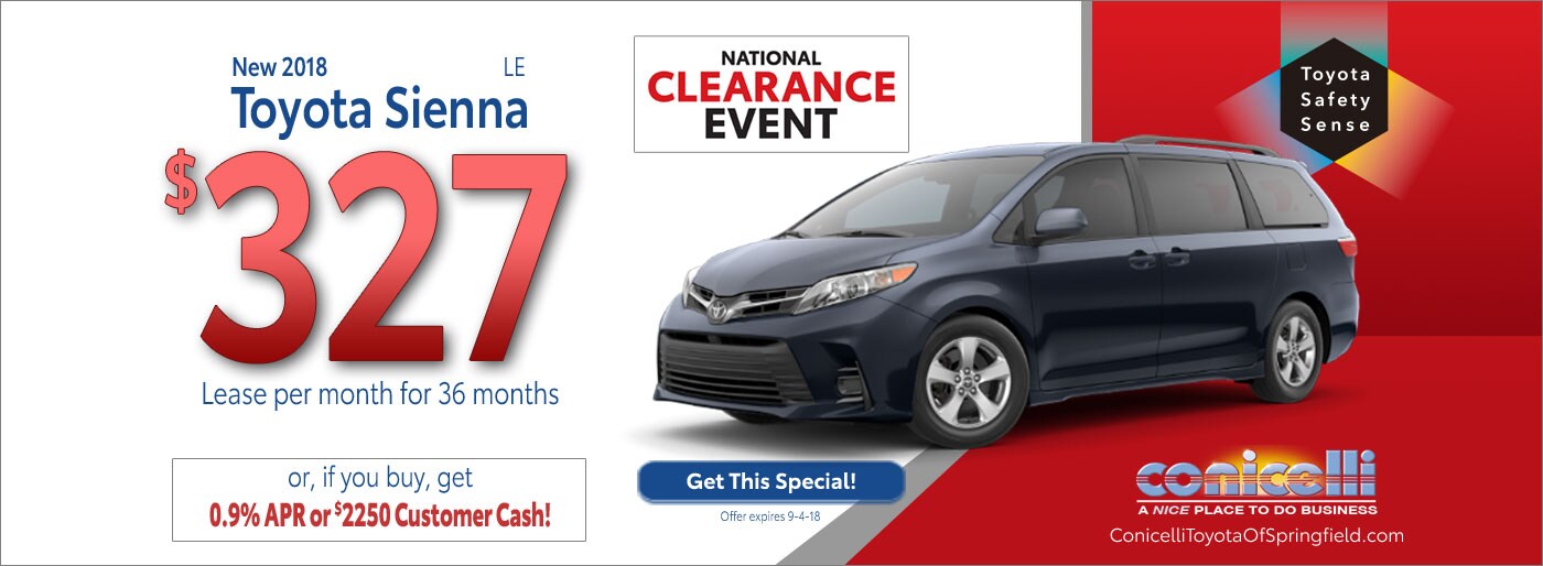 $327/mo. leases a New 2018 Toyota Sienna LE at Conicelli Toyota of Springfield. Call 1-877-740-4031.