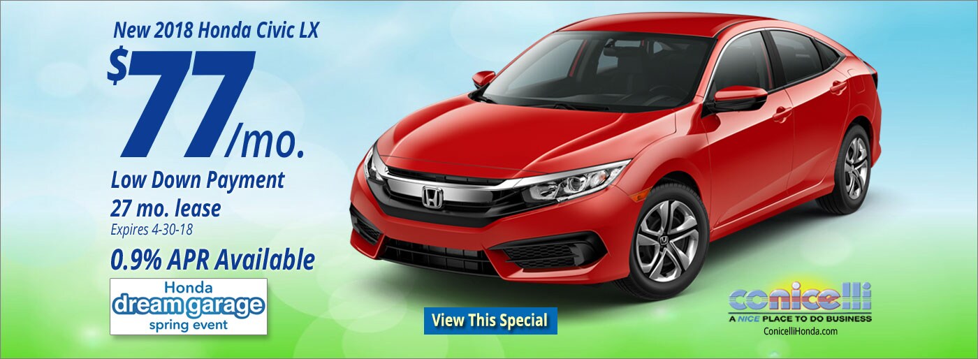$77/mo. leases a New 2018 Honda Civic LX at Conicelli Honda in Conshohocken! Click for our latest Specials...