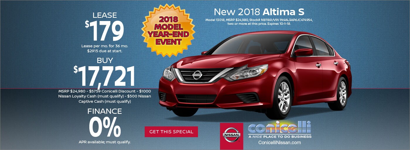 $179/mo. leases a New 2018 Nissan Altima S at Conicelli Nissan. Click or call 1-888-Conicelli now!