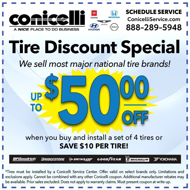 Up to $50 Off a set of 4 tires at Conicelli Autoplex! Click to schedule service...