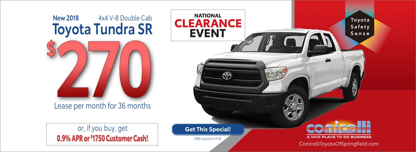 $270/mo. leases a New 2018 Toyota Tundra SR 4x4 V-8 Double Cab at Conicelli Toyota of Springfield. Call 1-877-740-4031.
