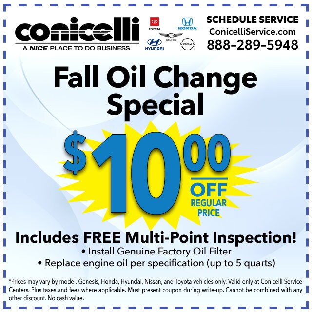 Save $10 off regular price for Fall Oil Change Special at Conicelli Autoplex! Click to schedule service...