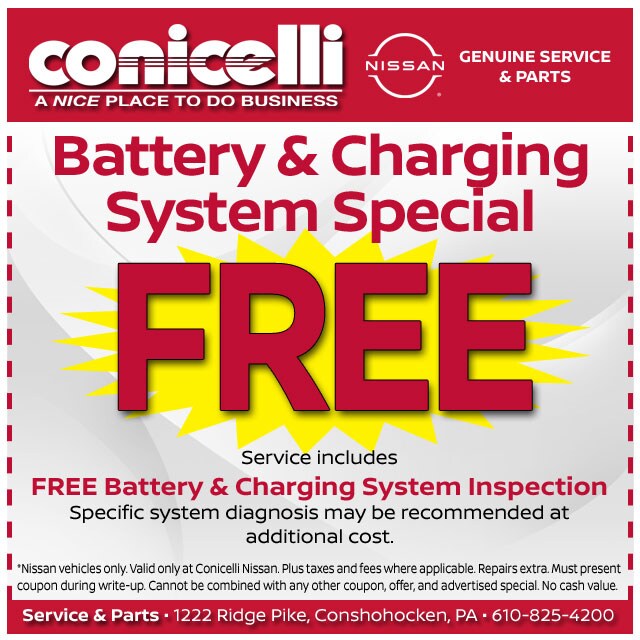 FREE Battery & Charging System Special at Conicelli
Nissan Click to schedule service...
