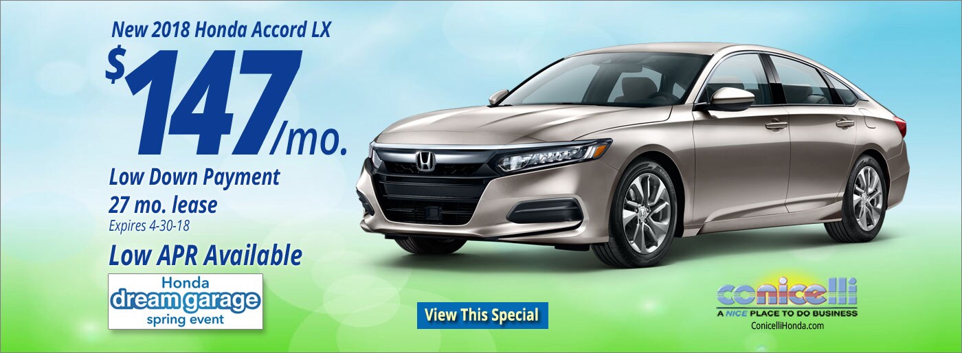 $147/mo. leases a New 2018 Honda Accord LX at Conicelli Honda in Conshohocken! Click for our latest Specials...