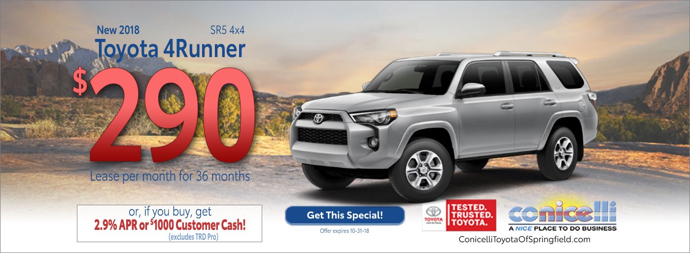 $290/mo. leases a New 2018 Toyota 4Runner SR5 4x4 at Conicelli Toyota of Springfield. Call 1-877-740-4031.