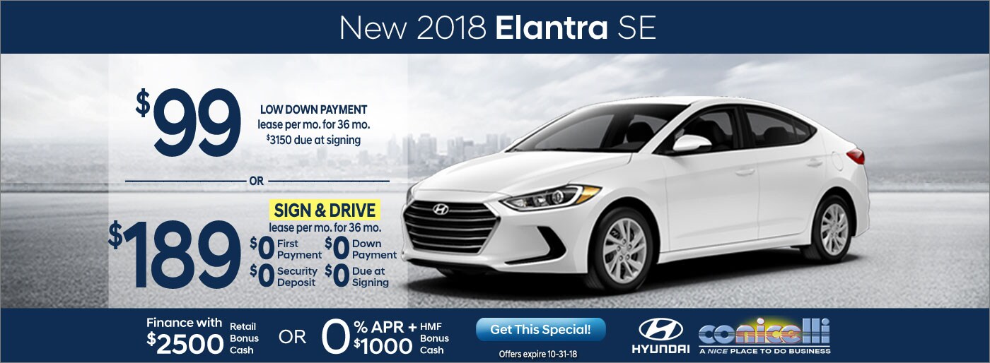 $99 or $189/mo. leases a New 2018 Hyundai Elantra SE at Conicelli Hyundai in Conshohocken! Click or call 1-888-Conicelli...