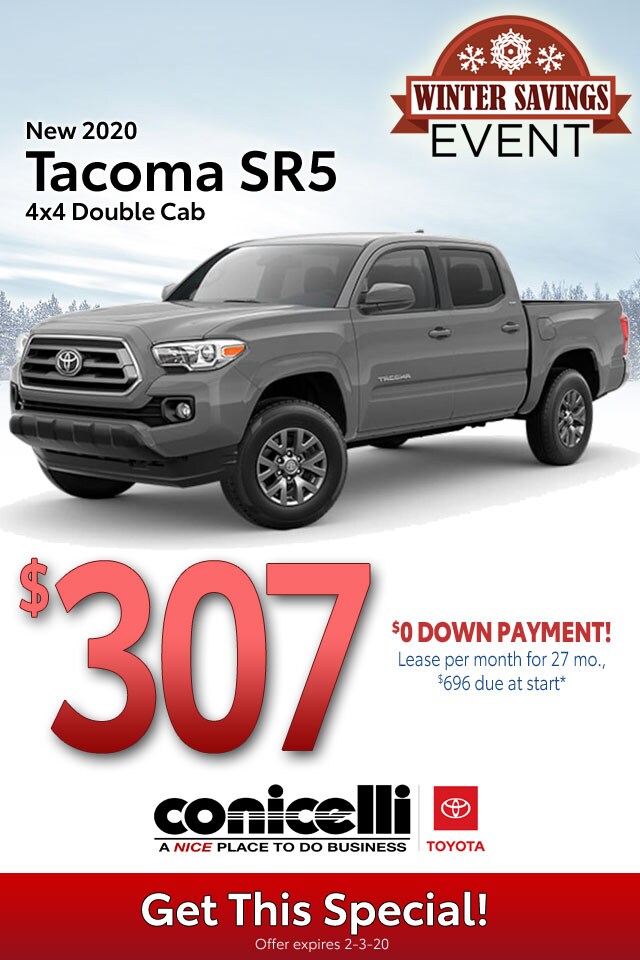 $0 Down, $307/mo. leases a New 2020 Toyota Tacoma SR5 4x4 Double Cab at Conicelli Toyota! Click for details...