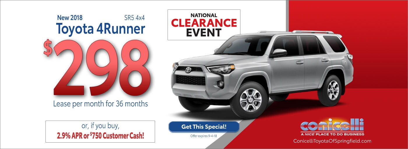 $298/mo. leases a New 2018 Toyota 4Runner SR5 4x4 at Conicelli Toyota of Springfield. Call 1-877-740-4031.