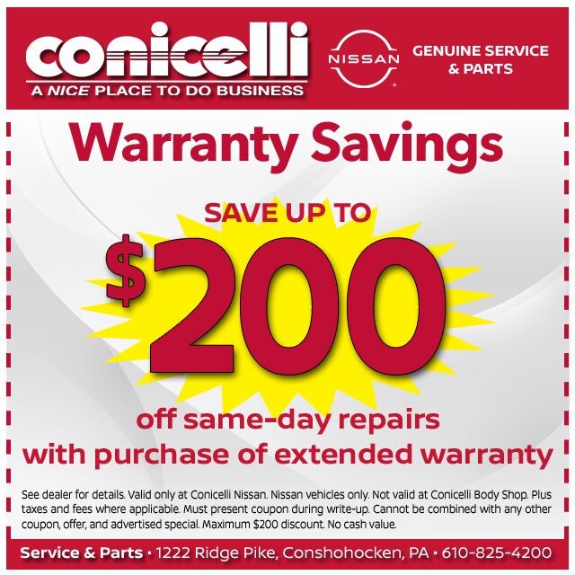 Save up to $200 off same-day repairs with purchase of Extended Warranty at Conicelli Nissan! - Click to schedule service...