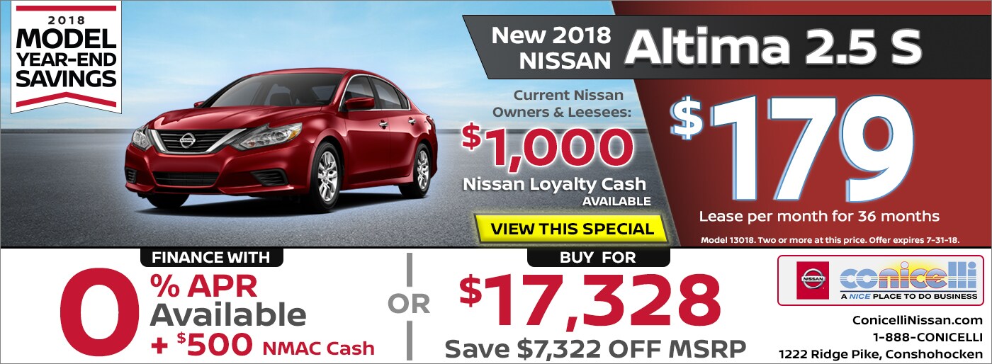 $179/mo. leases a New 2018 Nissan Altima 2.5 S at Conicelli Nissan. Click or call 1-888-Conicelli now!