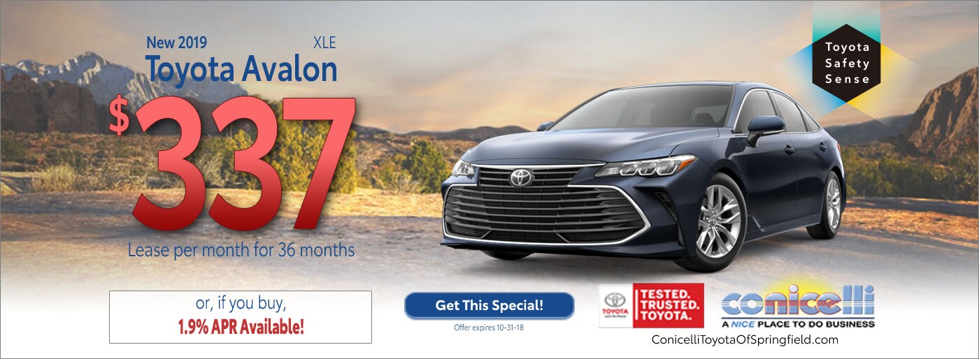 $337/mo. leases a New 2019 Toyota Avalon XLE at Conicelli Toyota of Springfield. Call 1-877-740-4031.