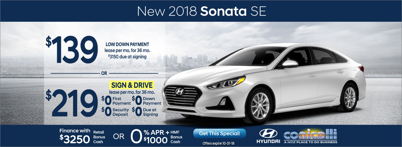 $139 or $219/mo. leases a New 2018 Hyundai Sonata SE at Conicelli Hyundai in Conshohocken! Click or call 1-888-Conicelli...
