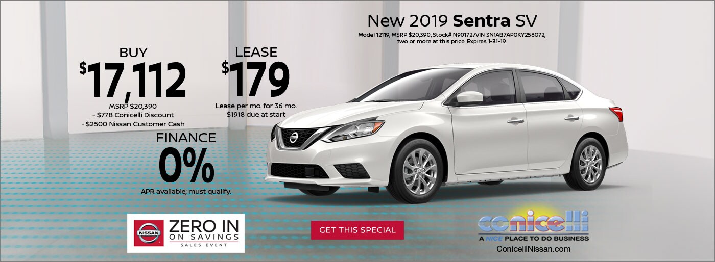 $179/mo. leases a New 2019 Sentra SV at Conicelli Nissan. Click or call 1-888-Conicelli now!