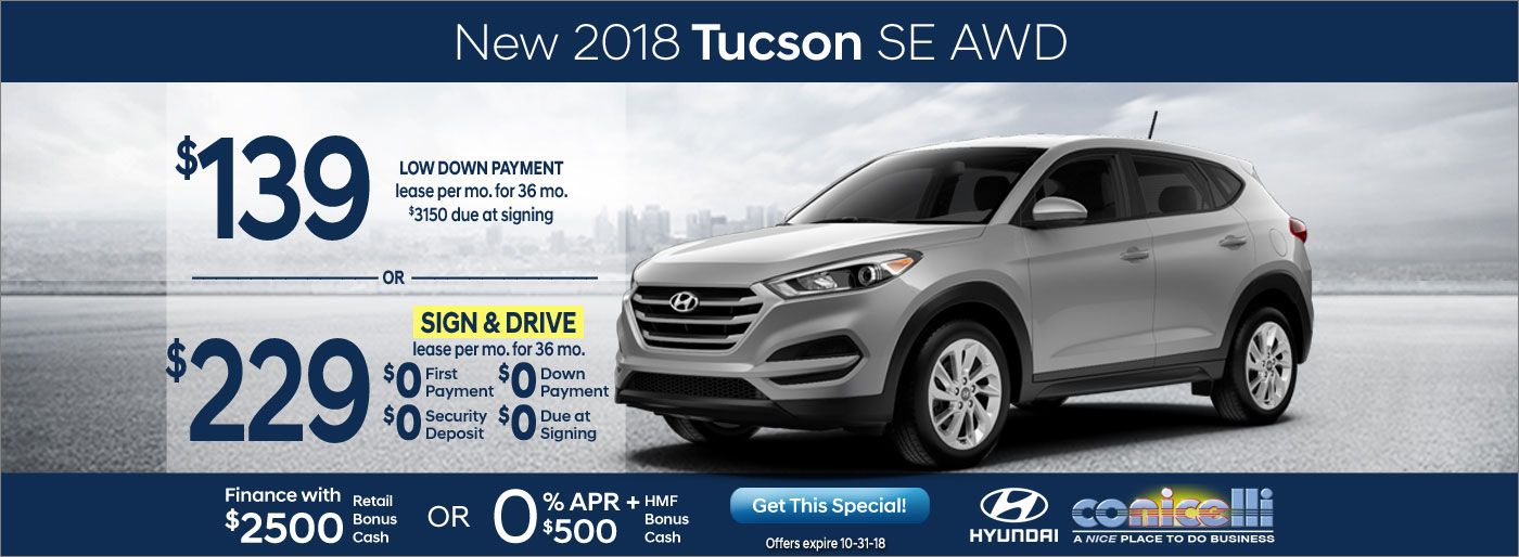 $139 or $229/mo. leases a New 2018 Hyundai Tucson SE AWD at Conicelli Hyundai in Conshohocken! Click or call 1-888-Conicelli...