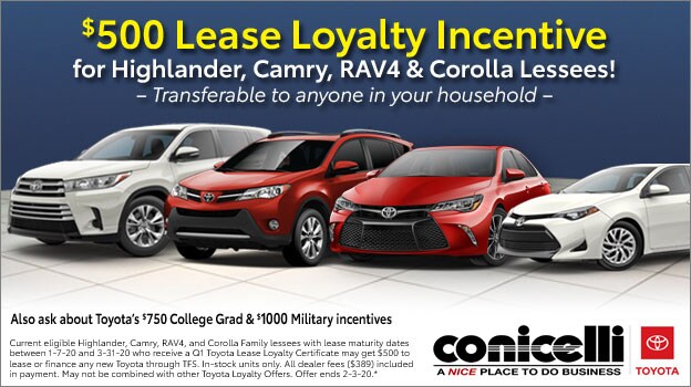 $500 Lease Loyalty Incentive Available! Call Conicelli Toyota at 1-888-Conicelli for more info.